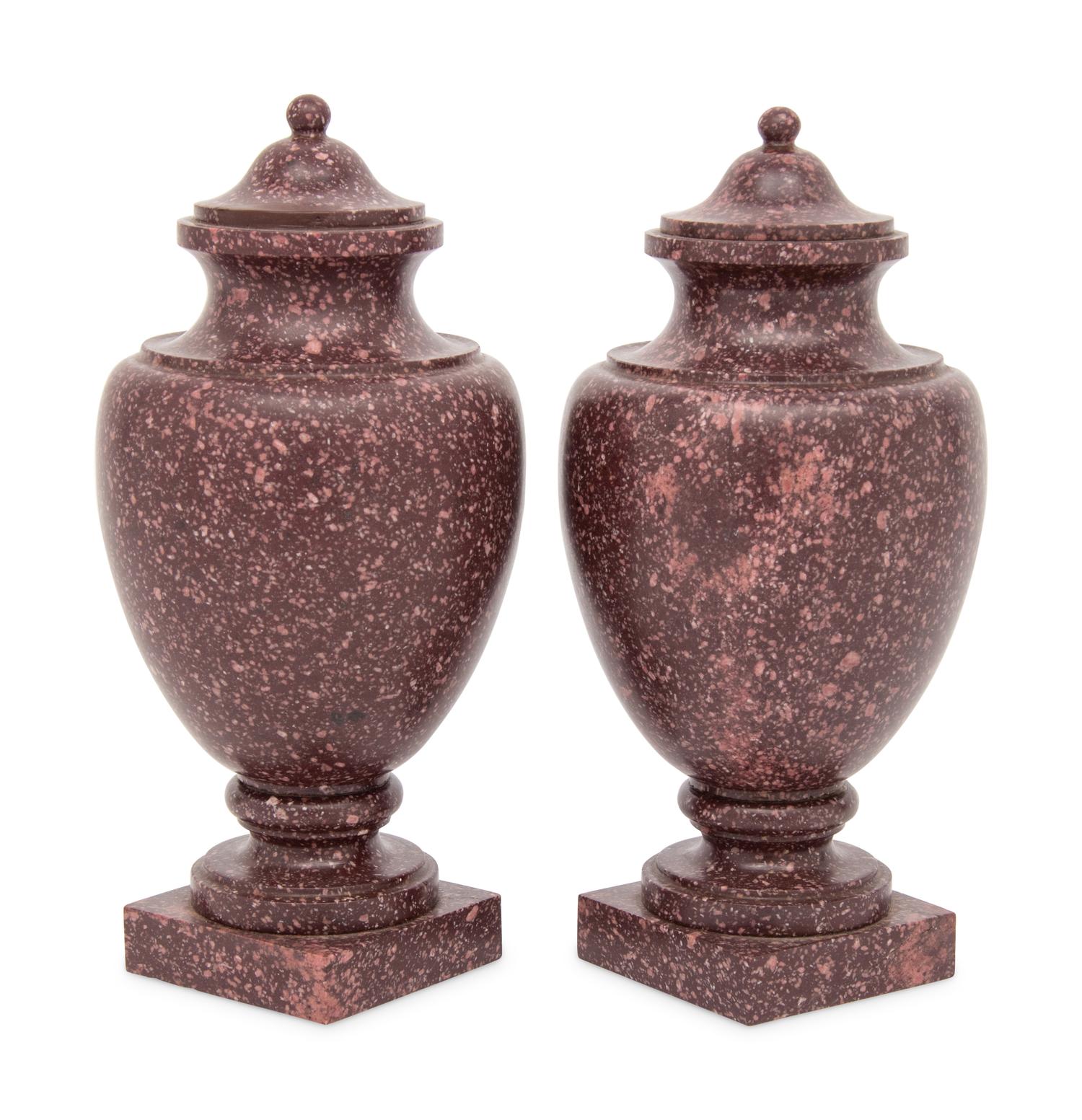 A Pair of Neoclassical Style Carved Porphyry Covered Urns