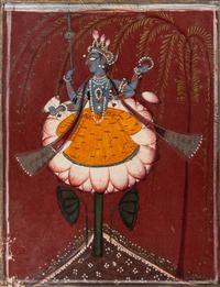 An Indian Painting of Vishnu Seated on a Lotus, Punjab Hills, Basohli, Circa 1700-1720 1700-1720年 印度旁遮普山丘巴梭利派細密畫毗湿奴像