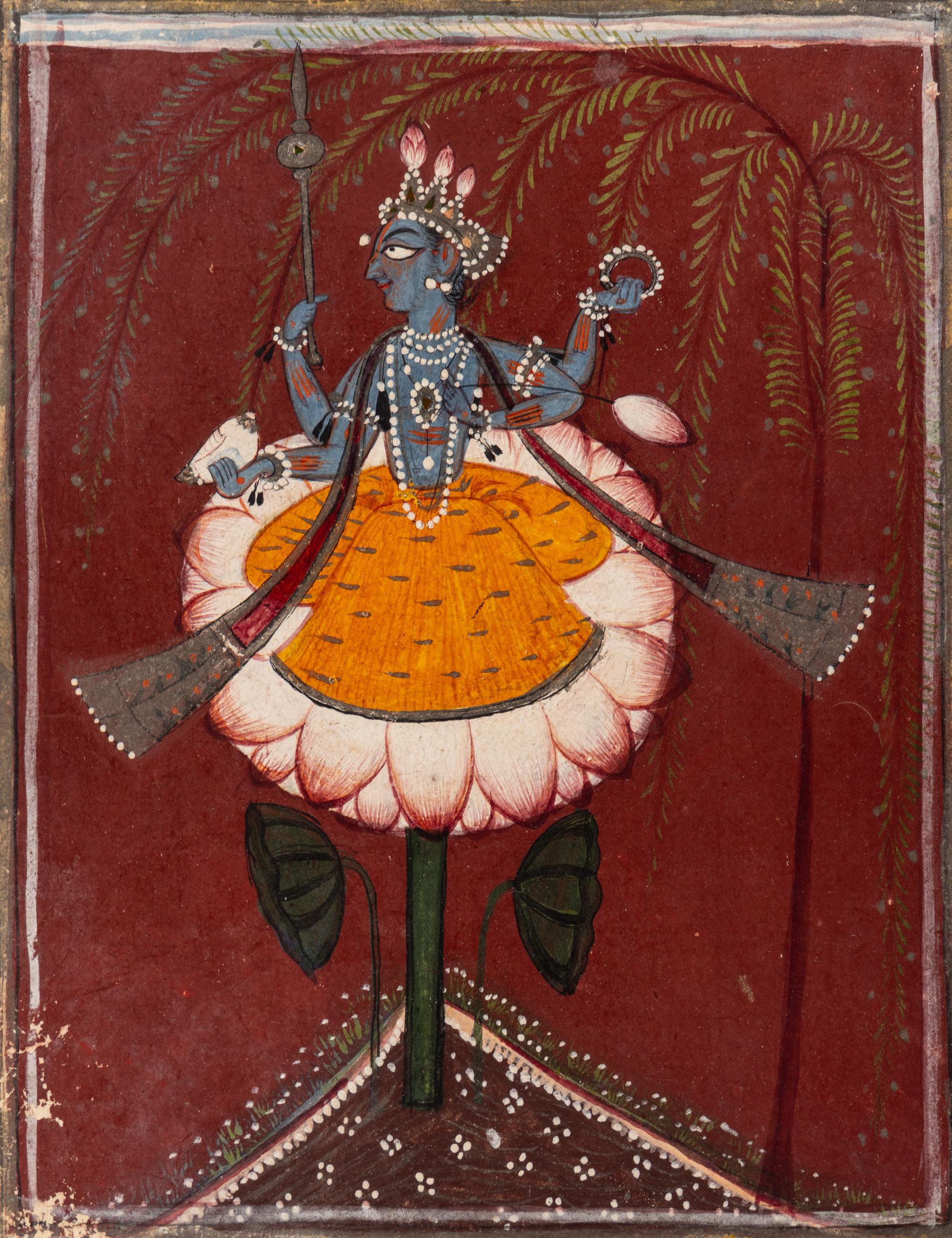 An Indian Painting of Vishnu Seated on a Lotus, Punjab Hills, Basohli, Circa 1700-1720 1700-1720年 印度旁遮普山丘巴梭利派細密畫毗湿奴像