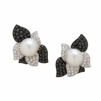 Cultured Pearl, Black Diamond, and Diamond Earrings