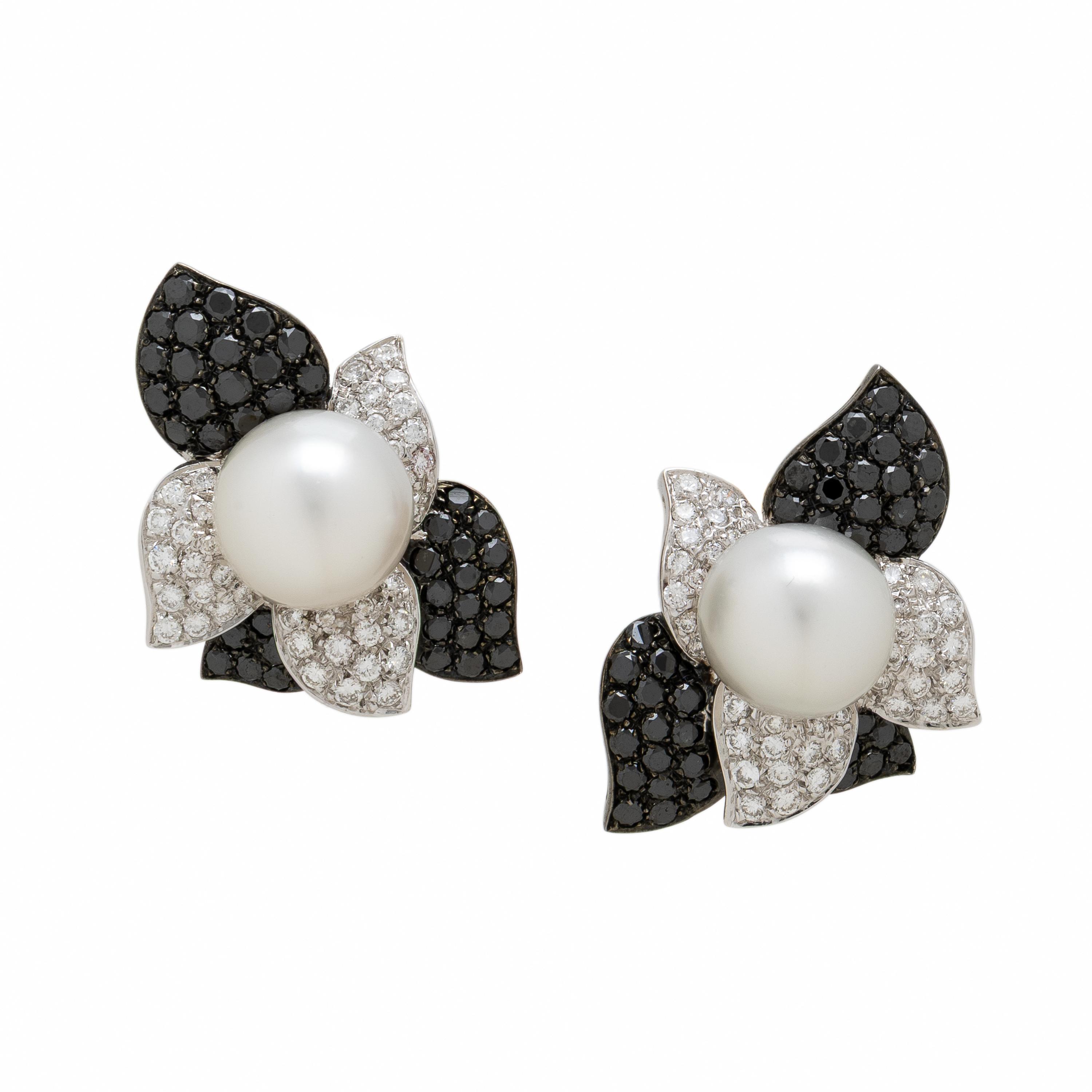 Cultured Pearl, Black Diamond, and Diamond Earrings