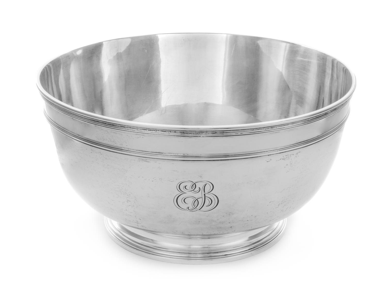 An American Silver Punchbowl, Tiffany & Co., New York, NY, First Half 20th Century, the banded body bearing the engraved monogram EB, r