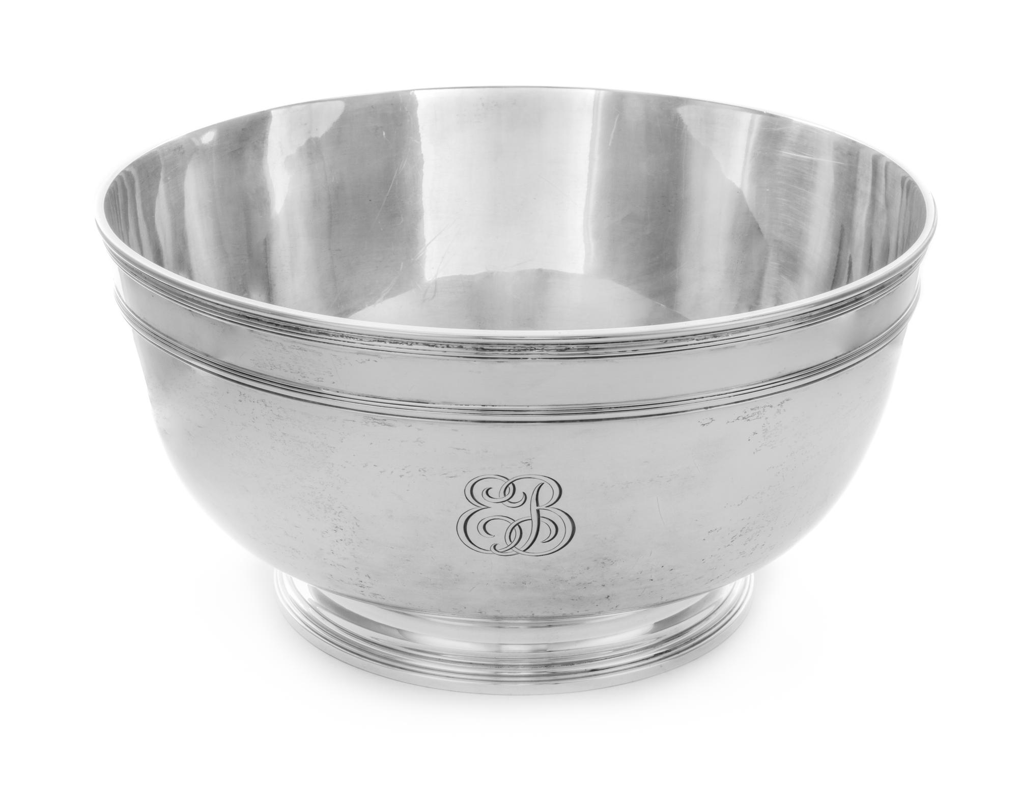 An American Silver Punchbowl, Tiffany & Co., New York, NY, First Half 20th Century, the banded body bearing the engraved monogram EB, r