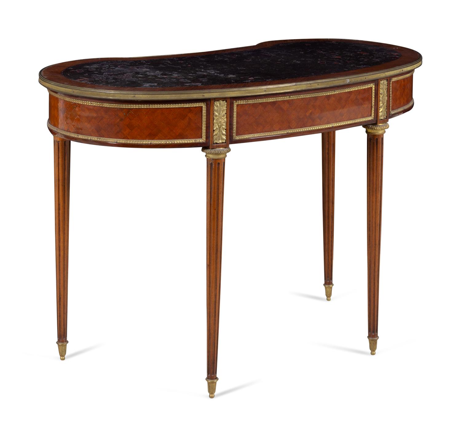 A Louis XVI Style Gilt Bronze Mounted Parquetry Bureau Plat