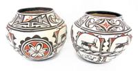 Two large Zuni polychrome pottery olla mrs. watson (tsah'wah' sea), new mexico, circa 1950