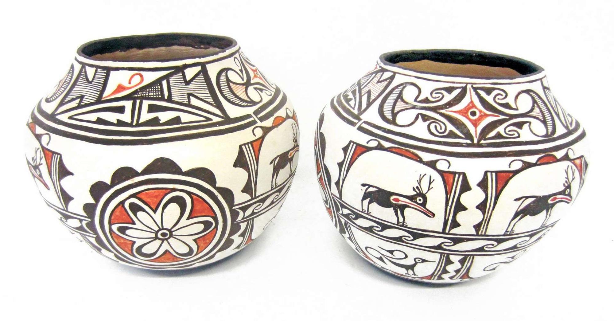 Two large Zuni polychrome pottery olla mrs. watson (tsah'wah' sea), new mexico, circa 1950