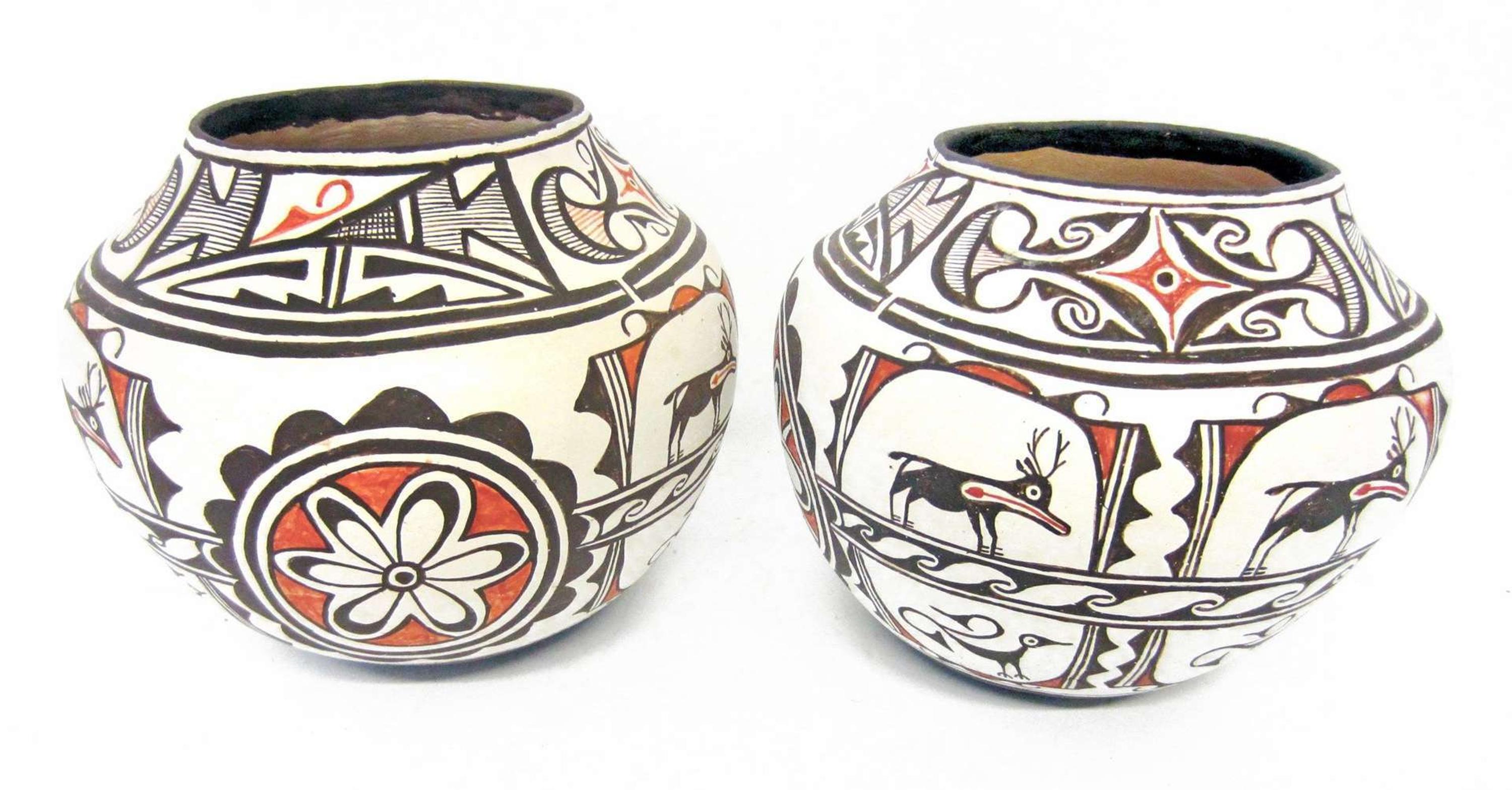 Two large Zuni polychrome pottery olla mrs. watson (tsah'wah' sea), new mexico, circa 1950