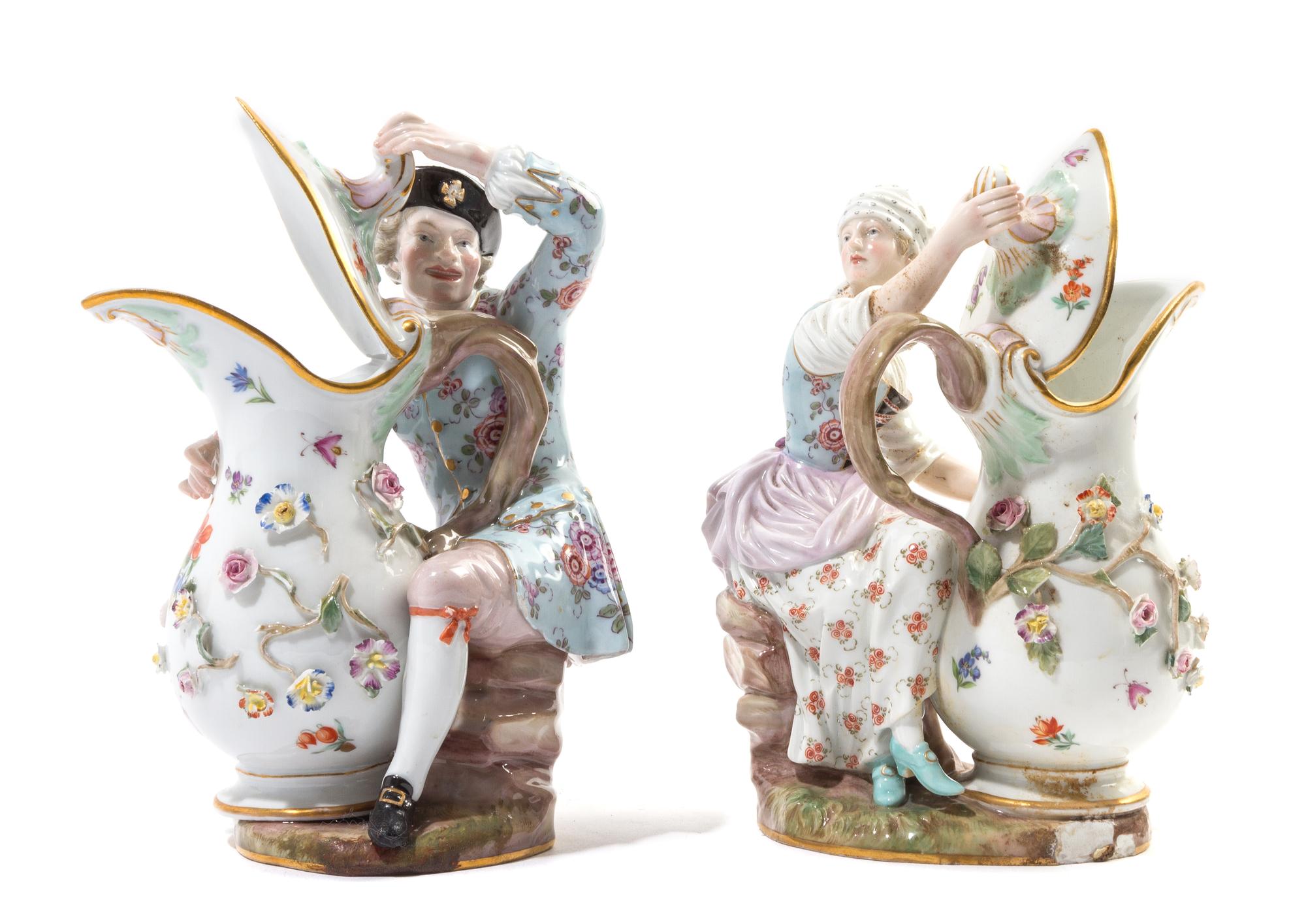 A Pair of Meissen Porcelain Figural Ewers Height 7 1/4 inches. — 19TH/20TH CENTURY