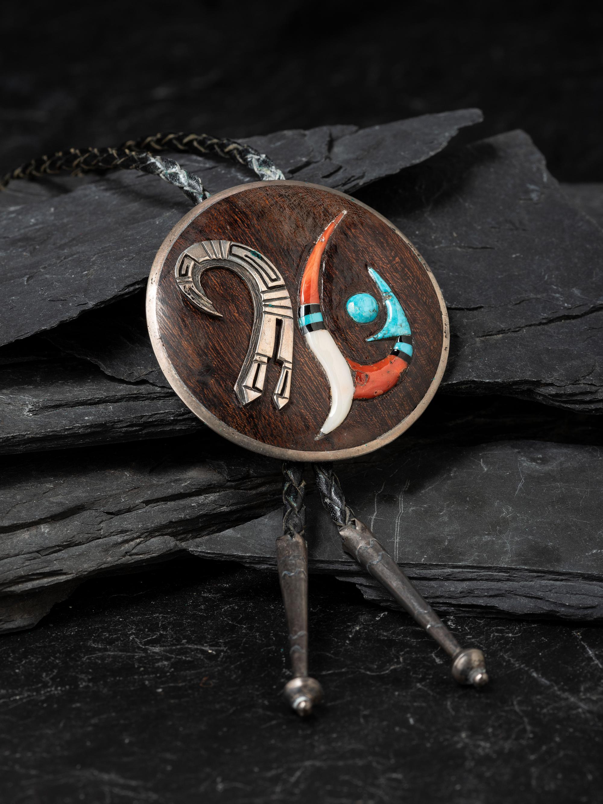 Silver Bolo Tie, with Mirroring Mosiac Inlay Winged Elements