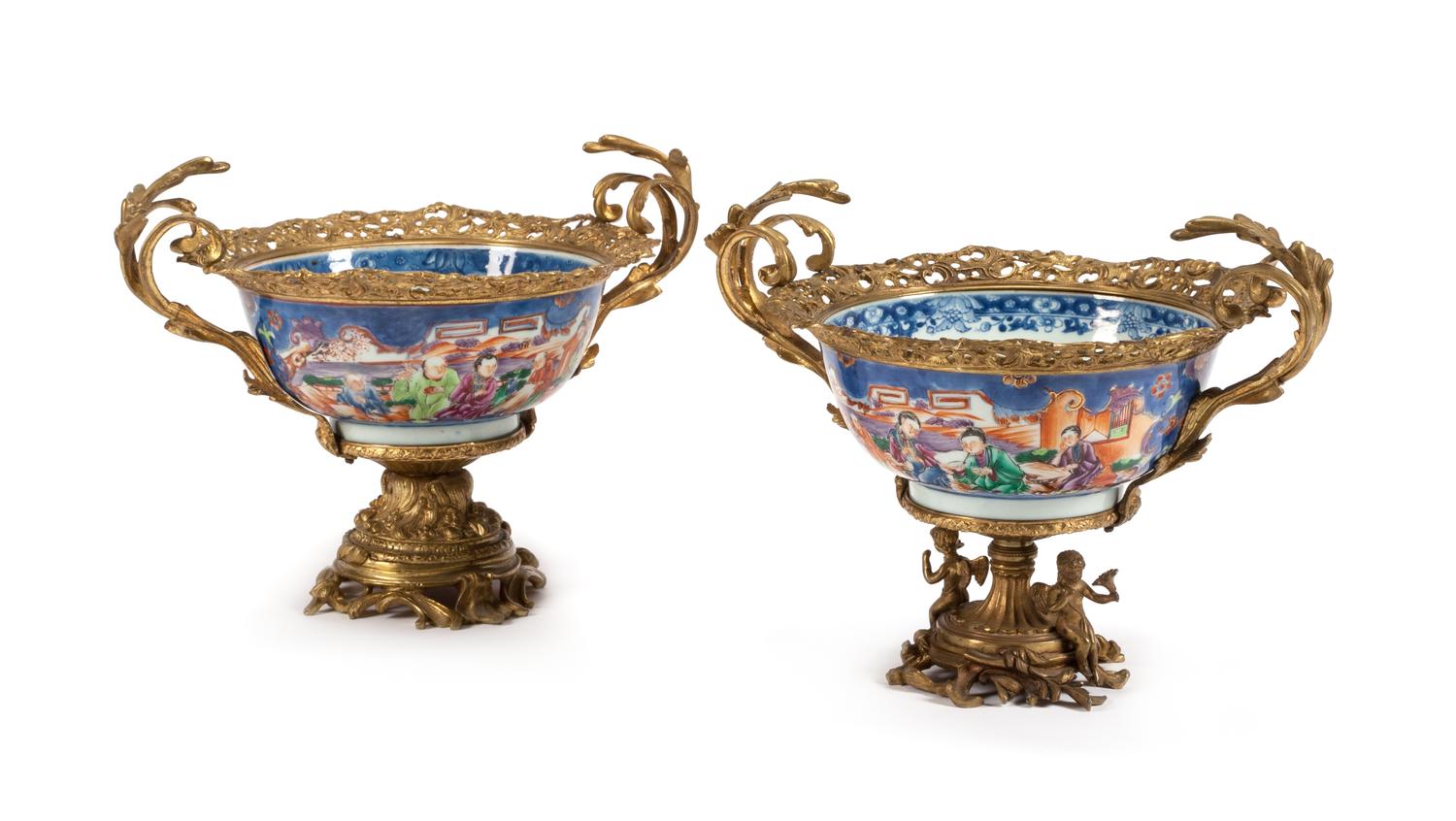 Two Chinese Bronze Mounted Porcelain Bowls Height 10 x diameter 13 inches.