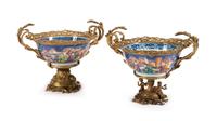 Two Chinese Bronze Mounted Porcelain Bowls Height 10 x diameter 13 inches.