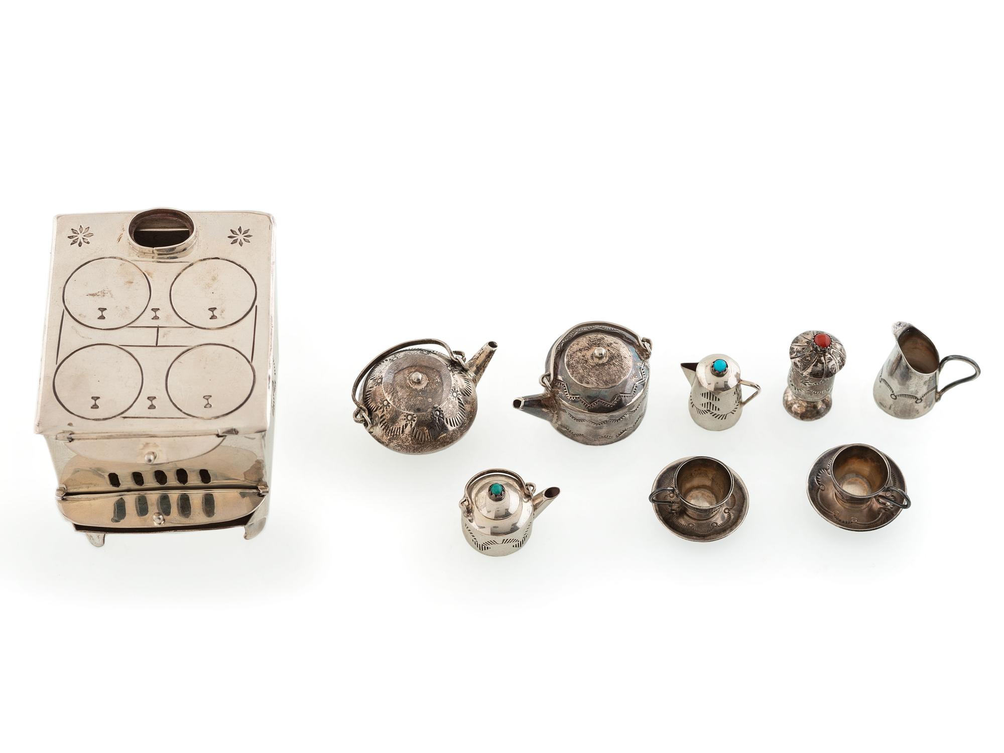 Navajo Sterling Silver Miniature Curio Stove and Tea Set