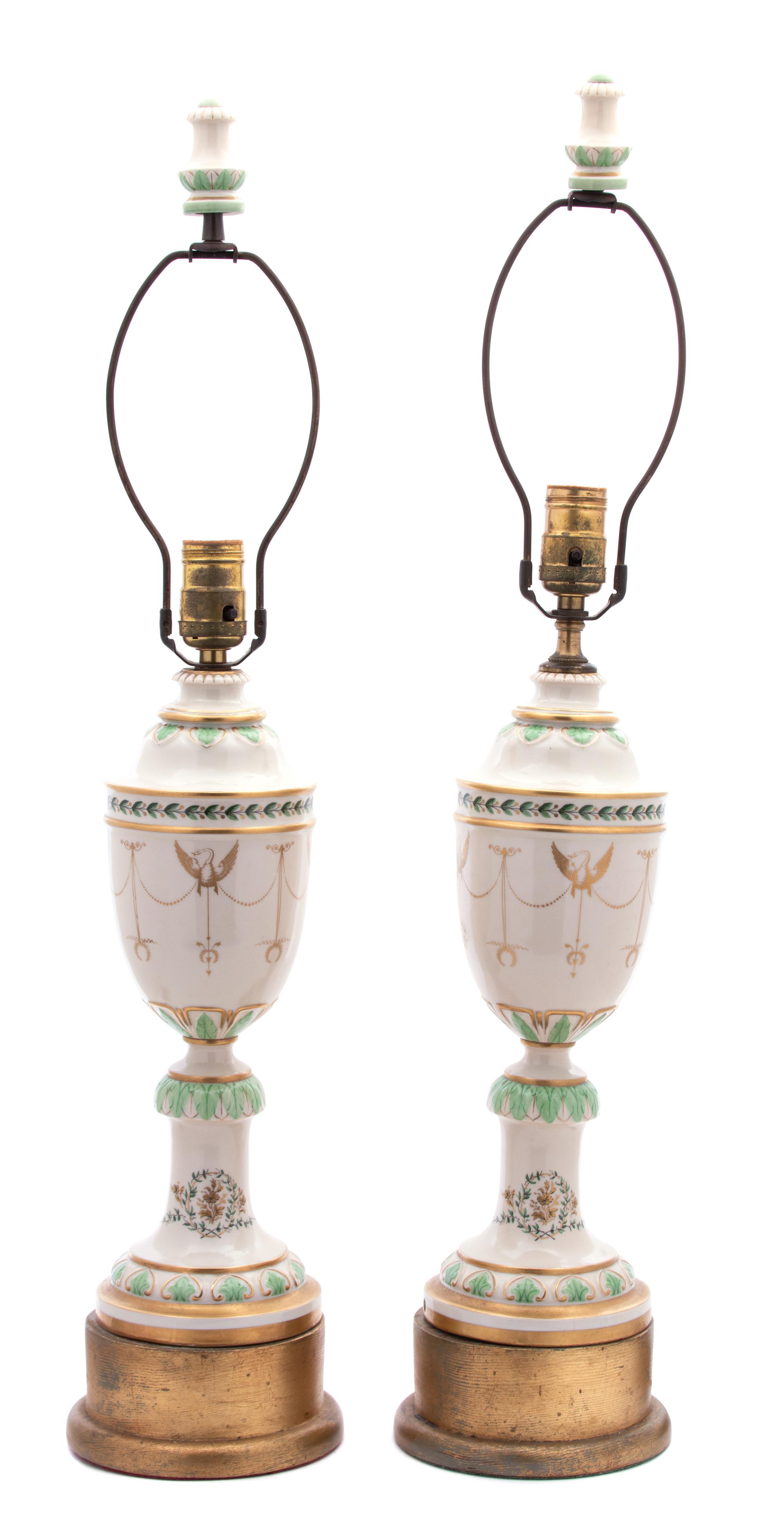 A Pair of Neoclassical Style Gilt-Decorated Porcelain Urn-Form Lamps