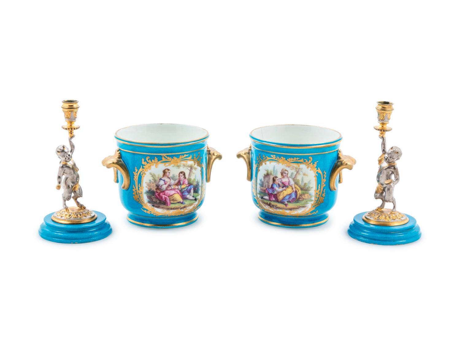 Two Pairs of Sèvres Style Celeste Blue-Ground Porcelain Table Articles