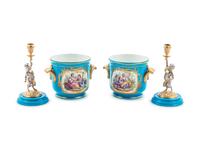 Two Pairs of Sèvres Style Celeste Blue-Ground Porcelain Table Articles