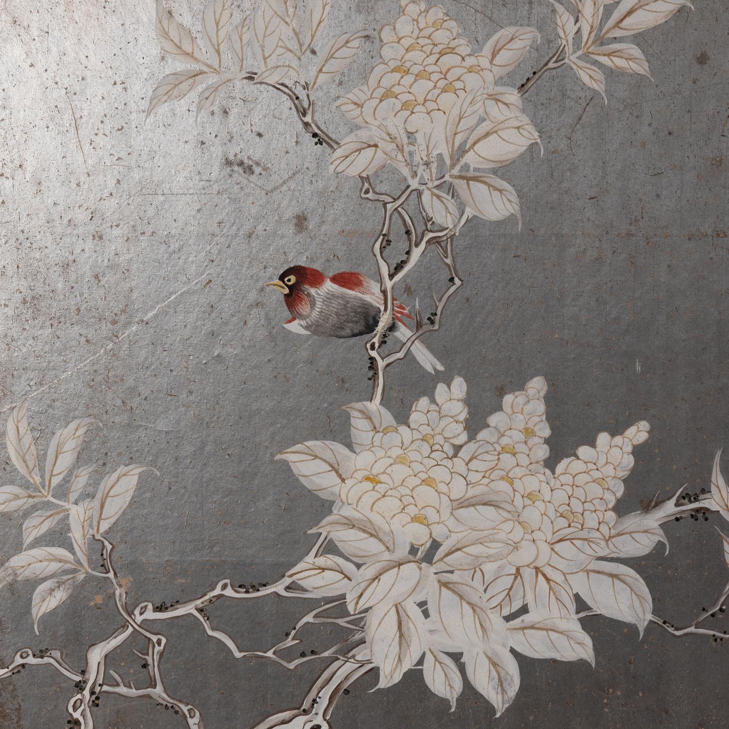 A Silvered Wallpaper Seven Panel Floor Screen
