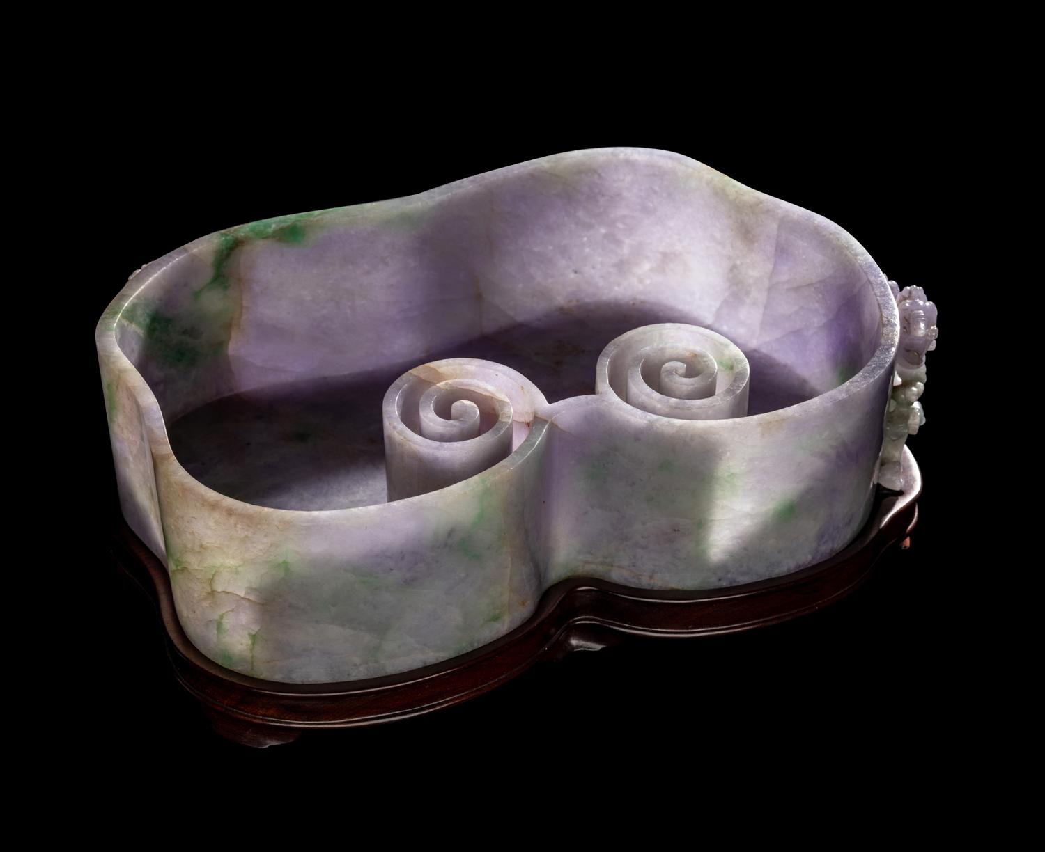 A Large Chinese Lavender and Apple Green Jadeite Ruyi- Form Brush Washer