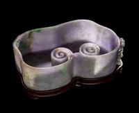 A Large Chinese Lavender and Apple Green Jadeite Ruyi- Form Brush Washer