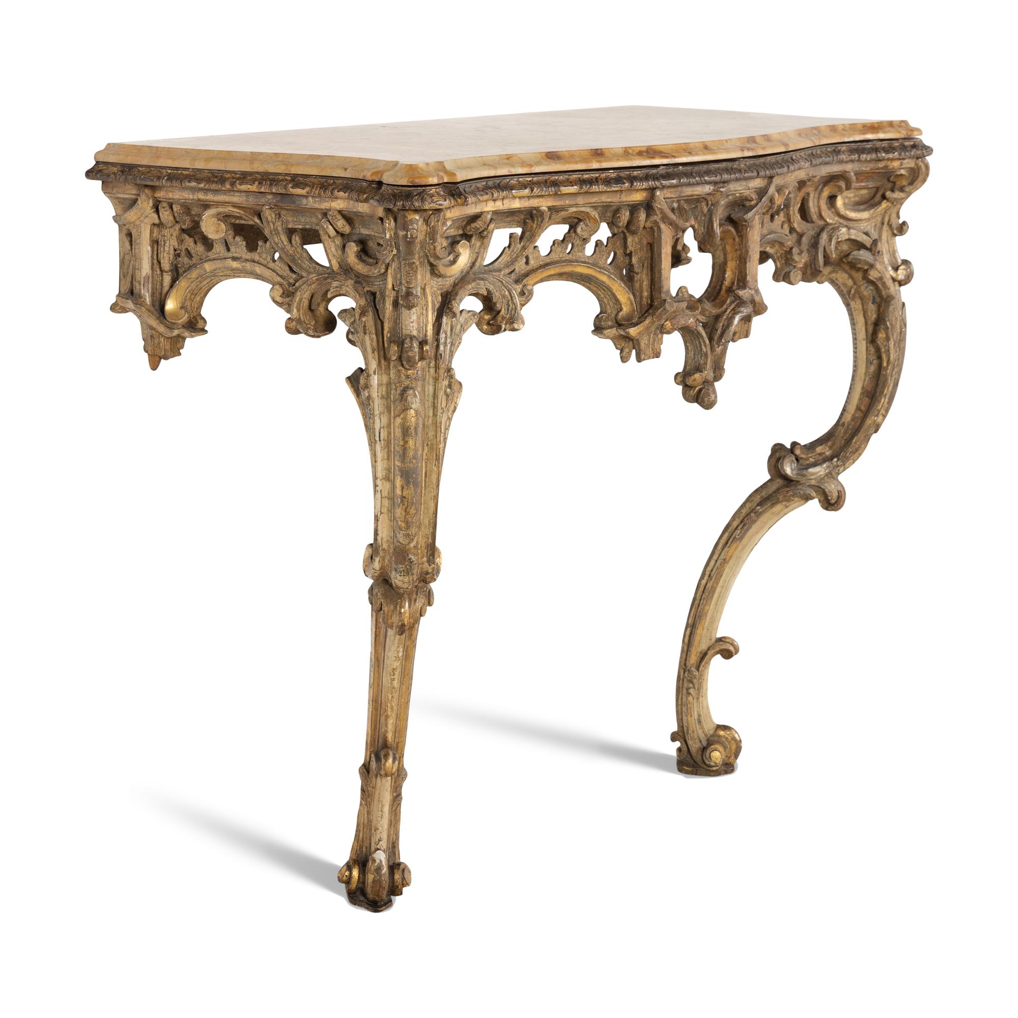 A Louis XV Painted and Parcel Gilt Marble-Top Console Table
