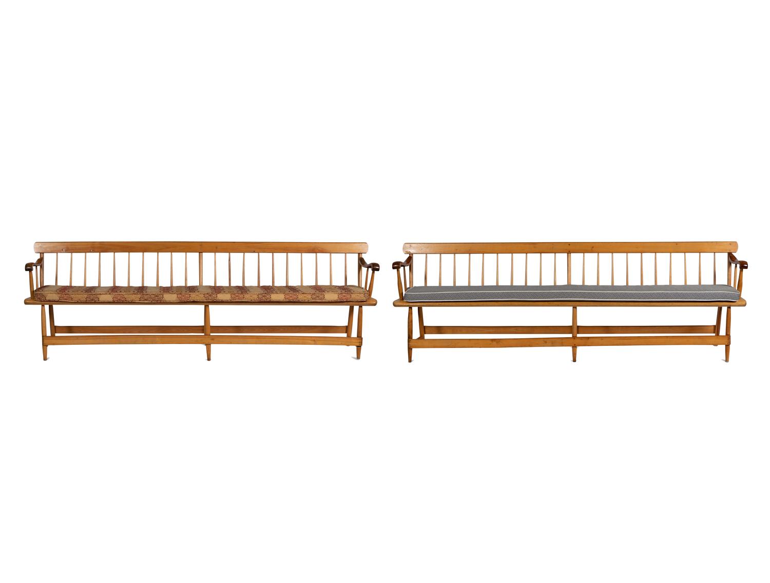 A Pair of Yellow Pine Deacon's Benches with Padded Upholstered Seats