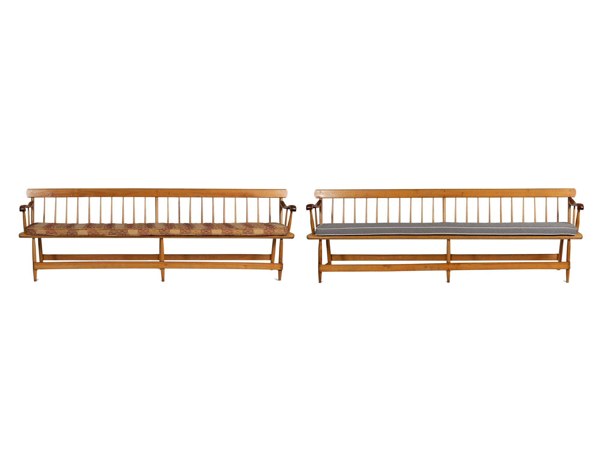 A Pair of Yellow Pine Deacon's Benches with Padded Upholstered Seats