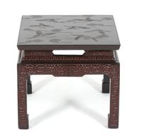 A Chinese Carved Black and Red Lacquer Side Table Height 16 x width 17 3/4 x depth 17 3/4 inches. — 20TH CENTURY