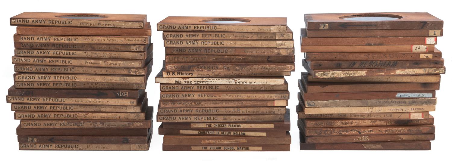 [CIVIL WAR - MAGIC LANTERN SLIDES]. A large collection of 200+ assorted glass slides featuring illustrated historical scenes and artistic images, including: