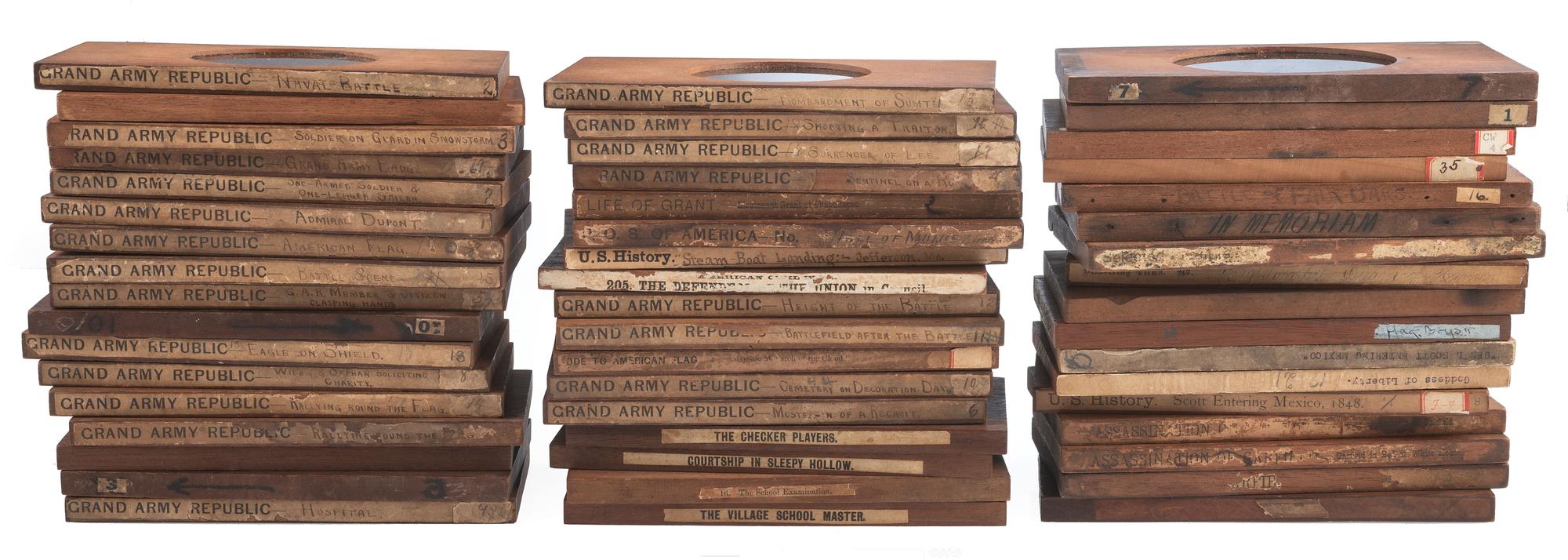 [CIVIL WAR - MAGIC LANTERN SLIDES]. A large collection of 200+ assorted glass slides featuring illustrated historical scenes and artistic images, including: