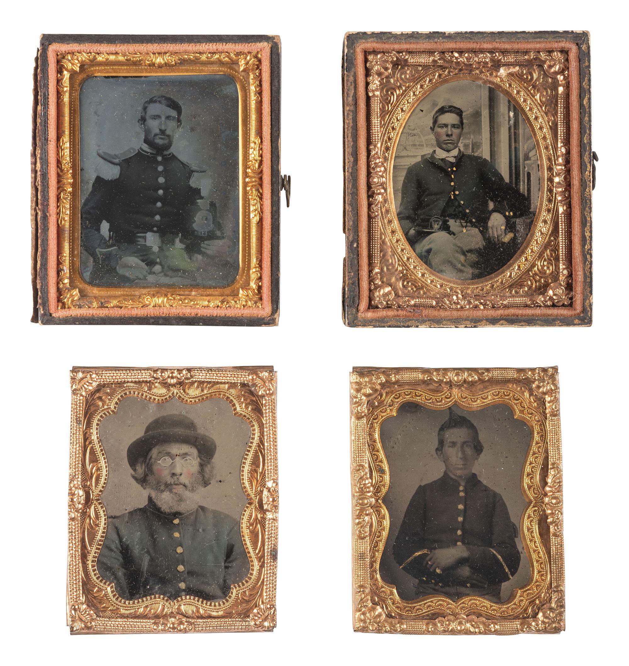 [MILITIA] -- [CIVIL WAR]. A group of 4 ninth plate ambrotypes and tintypes of militia and Union soldiers of varying ages, comprising: