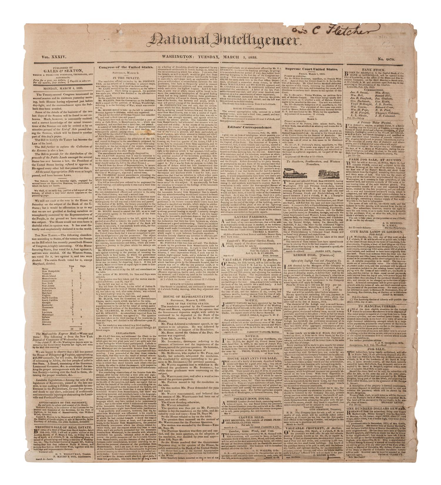 [POLITICS]. National Intelligencer . Vol. XXXIV, No. 4878. Washington, DC: Gales & Seaton, 5 March 1833. Containing Andrew Jackson's inaugural address.