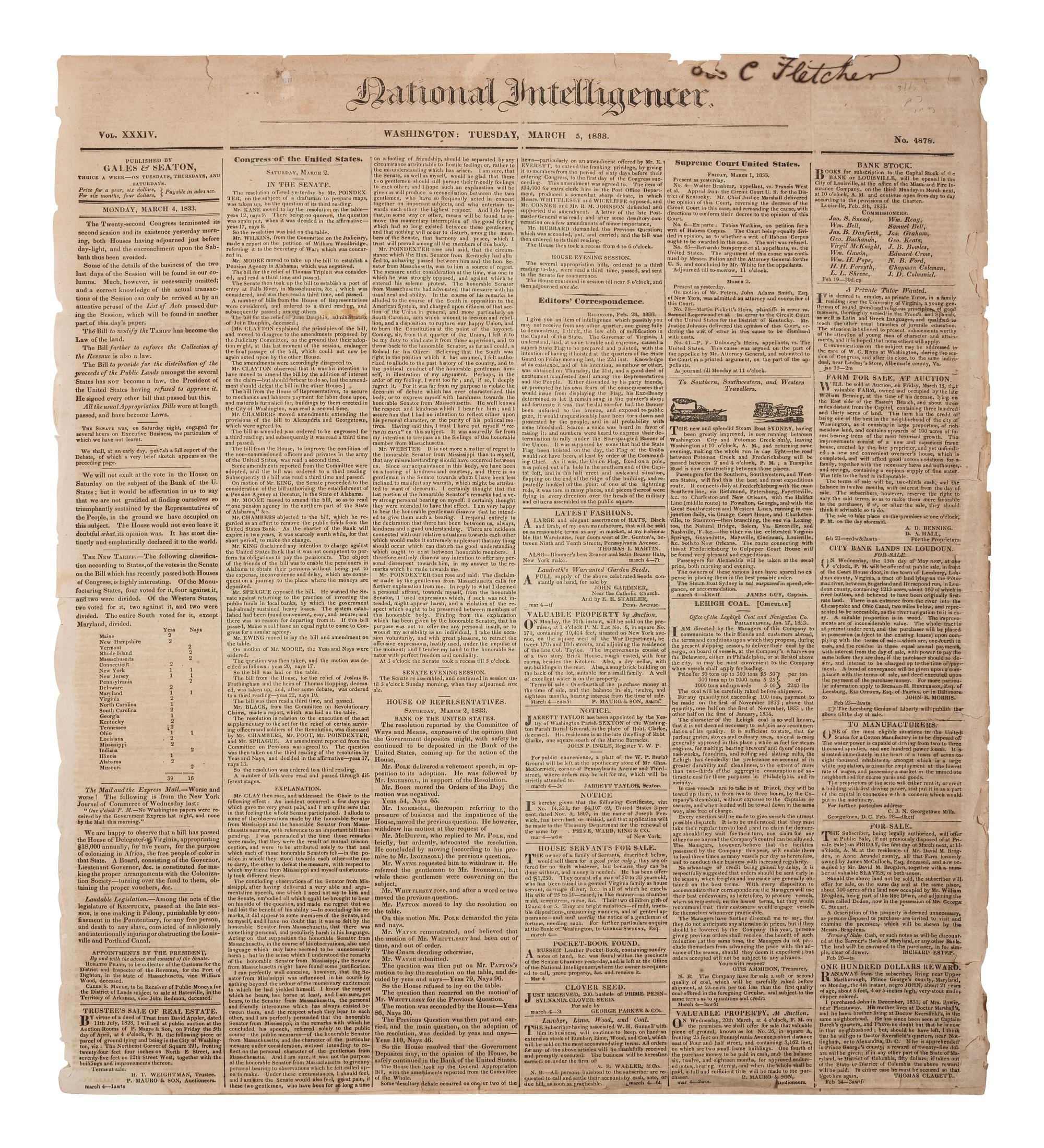 [POLITICS]. National Intelligencer . Vol. XXXIV, No. 4878. Washington, DC: Gales & Seaton, 5 March 1833. Containing Andrew Jackson's inaugural address.