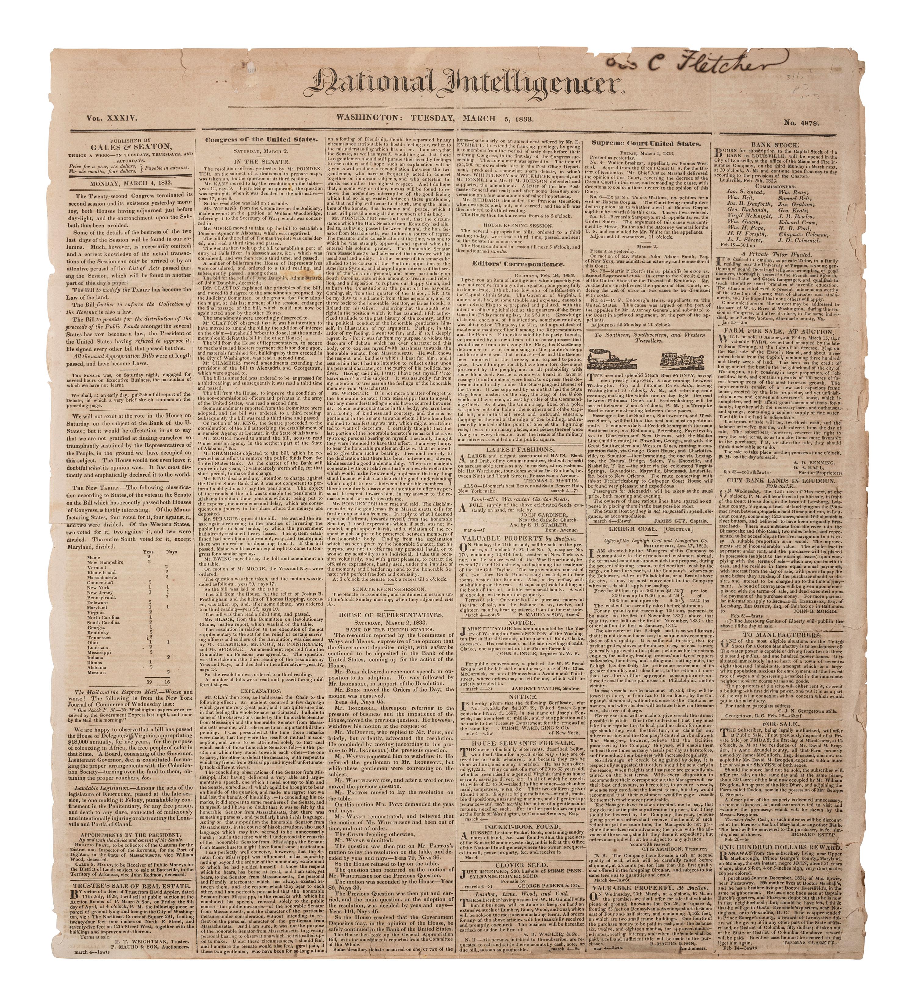 [POLITICS]. National Intelligencer . Vol. XXXIV, No. 4878. Washington, DC: Gales & Seaton, 5 March 1833. Containing Andrew Jackson's inaugural address.