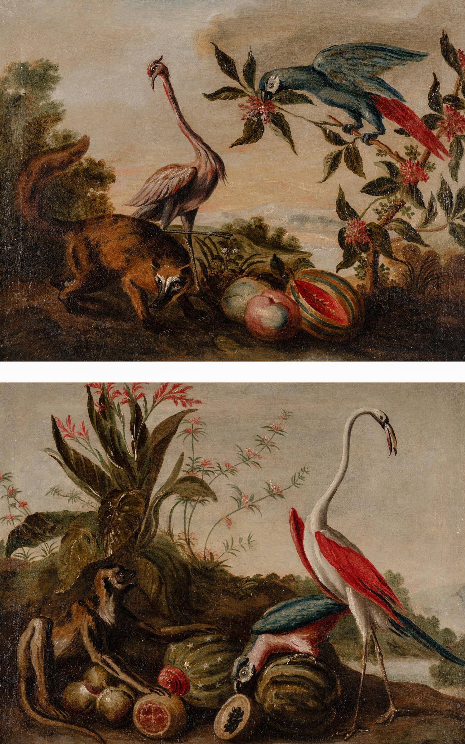 Landscape with a Monkey, Parrot and Flamingo; Landscape with a Parrot, Flamingo and Coati (a pair of paintings)