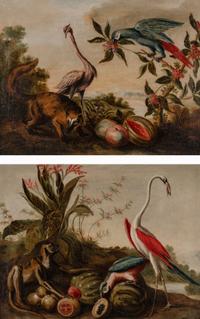 Landscape with a Monkey, Parrot and Flamingo; Landscape with a Parrot, Flamingo and Coati (a pair of paintings)