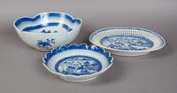 A Group of Three Blue and White Canton Export Wares, Diameter of widest 11 3/4 inches.