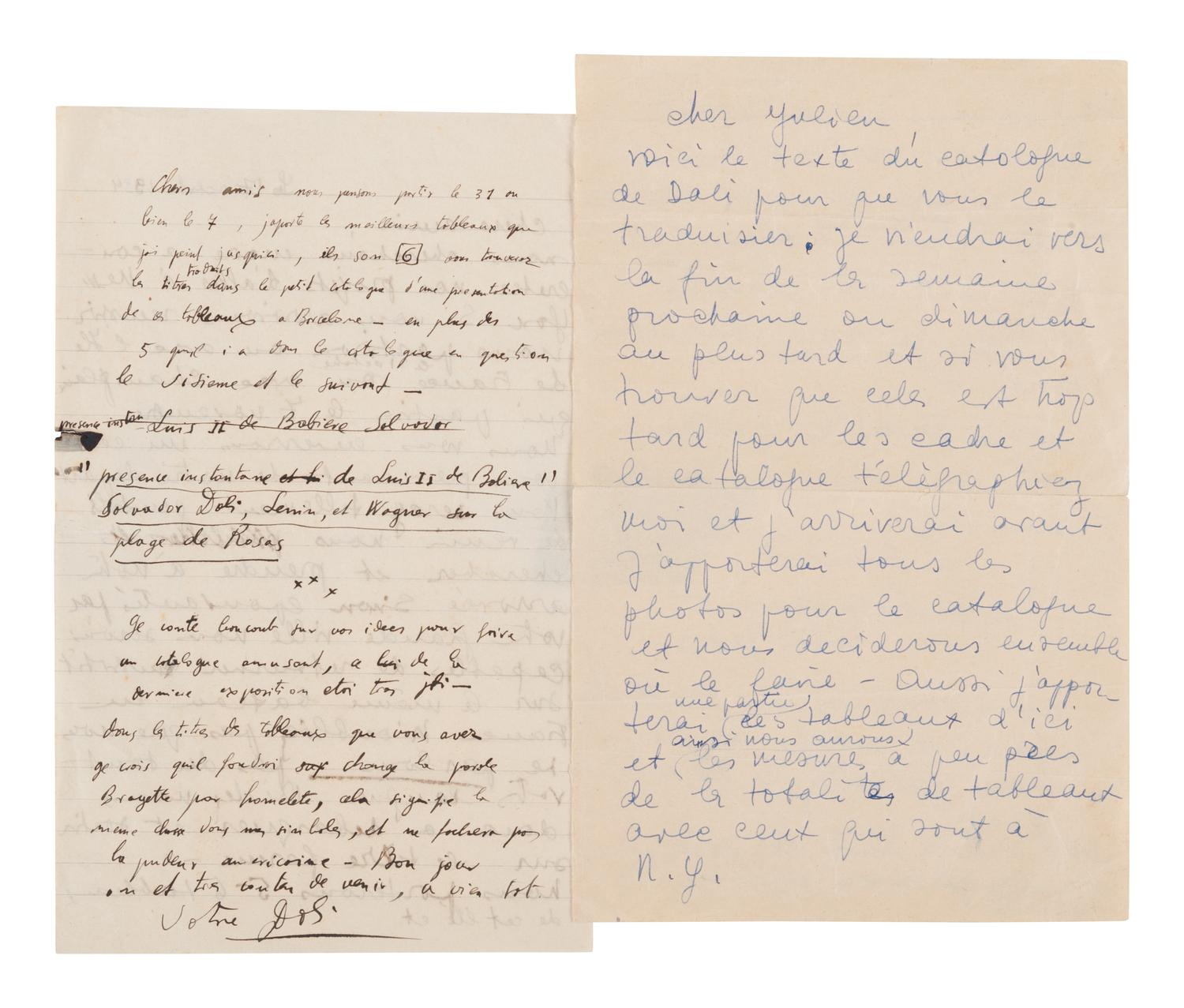 DALI, Salvador (1904-1989) -- DALI, Gala (1934-1982). Two autograph letters signed, comprising: