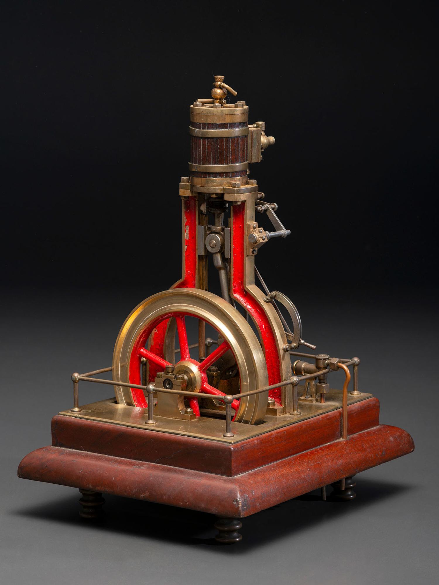 A Brass and Wood Vertical Steam Engine Model