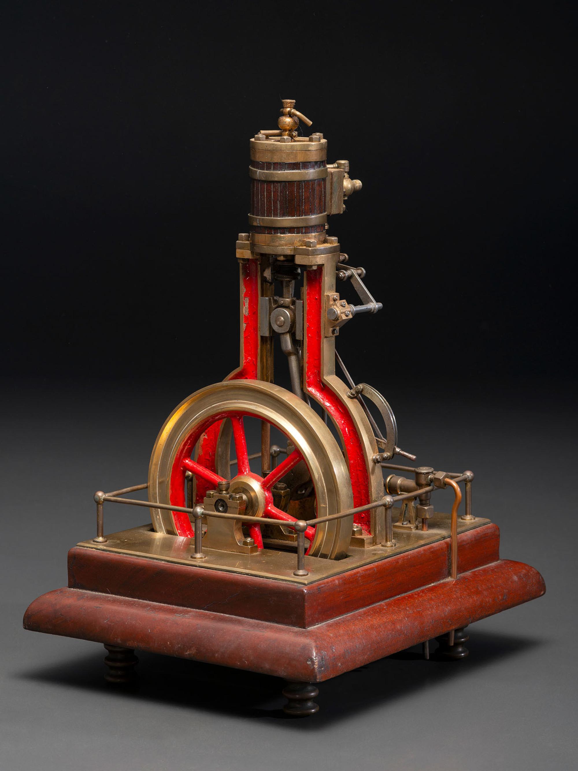 A Brass and Wood Vertical Steam Engine Model