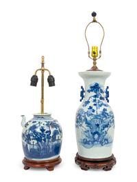 Two Chinese Blue and White Porcelain Table Lamps — 19TH/20TH CENTURY
