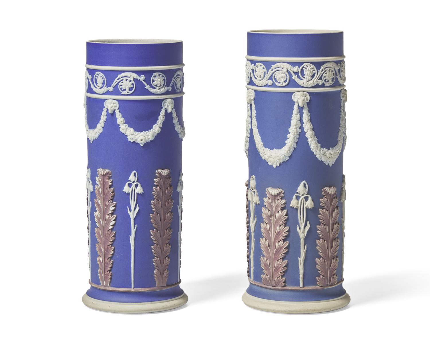 A Matched Pair of Wedgwood Three-Color Jasperware Cylindrical Vases