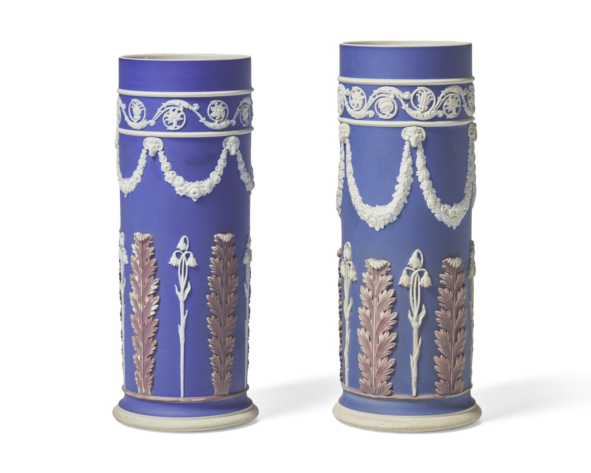 A Matched Pair of Wedgwood Three-Color Jasperware Cylindrical Vases