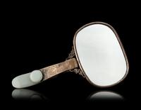 A Chinese Celadon and White Jade-Mounted Silver Hand Mirror