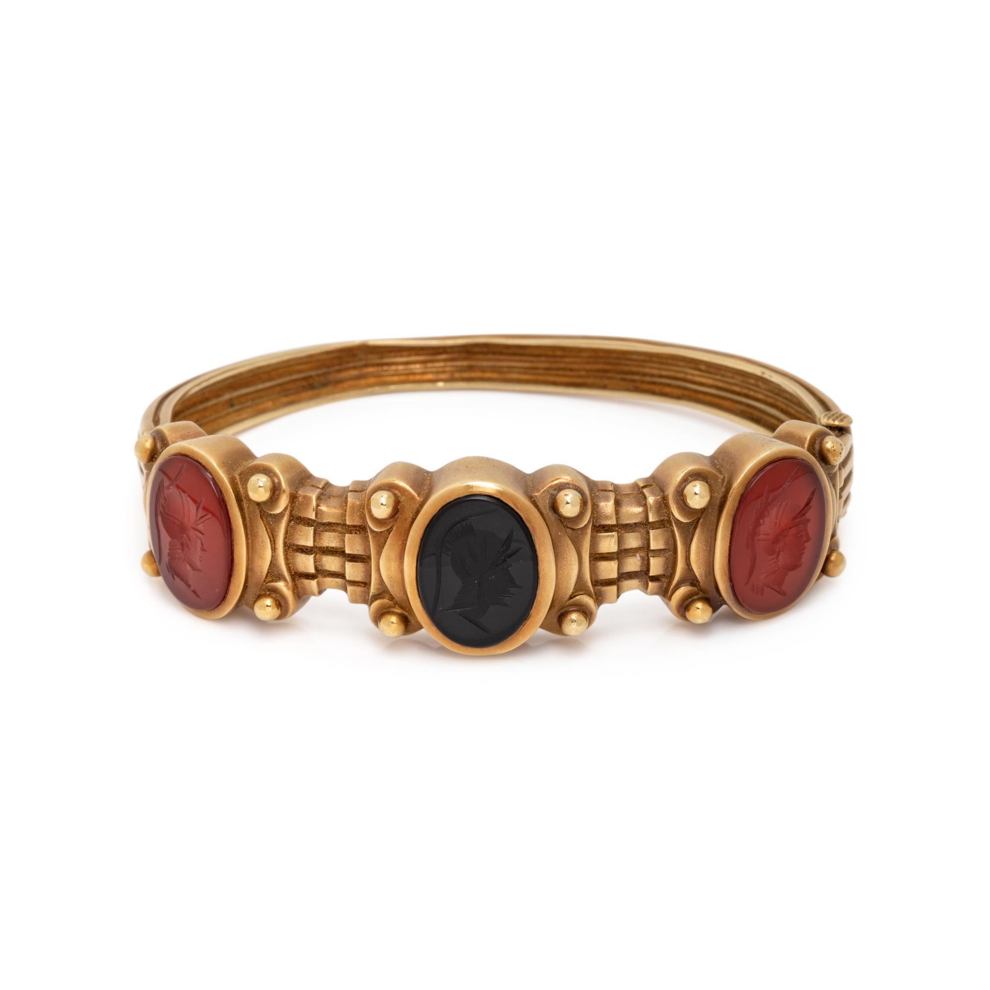 YELLOW GOLD AND HARDSTONE INTAGLIO BANGLE BRACELET