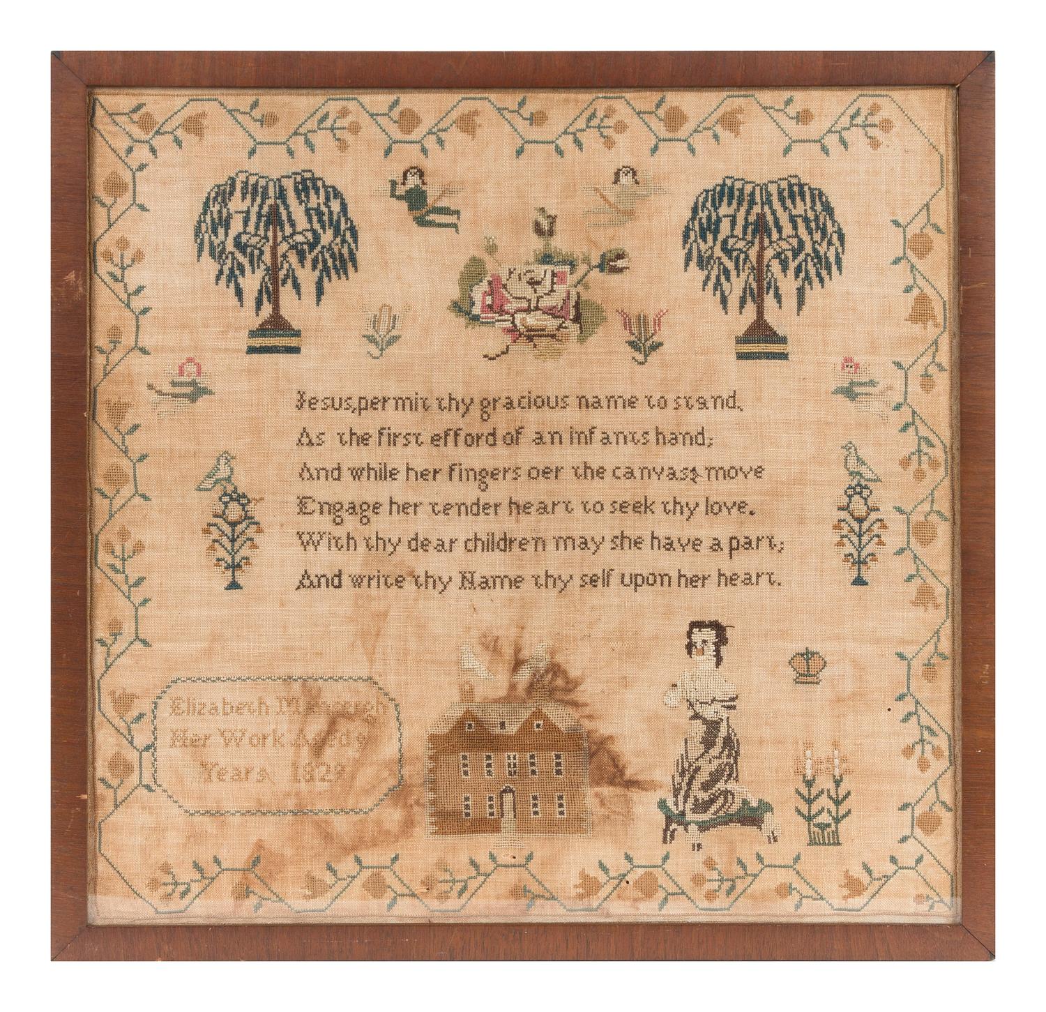 An English Needlepoint Sampler Frame: 18 3/4 x 19 1/4 inches. — ELIZABETH MANSERGH, DATED 1829