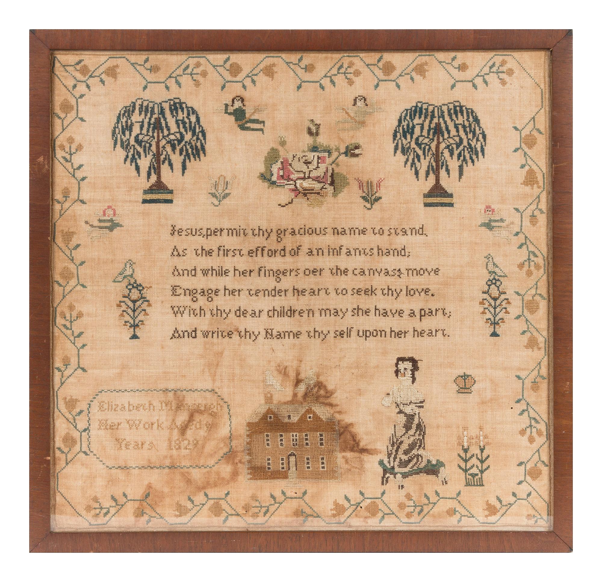 An English Needlepoint Sampler Frame: 18 3/4 x 19 1/4 inches. — ELIZABETH MANSERGH, DATED 1829