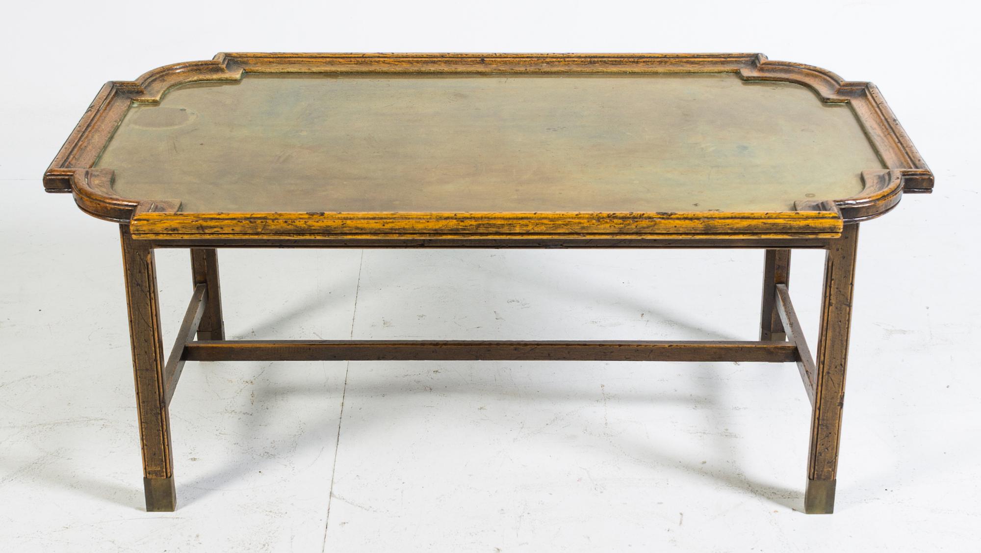 A Spanish Brass Inset Low Table Height 17 x width 40 x depth 23 1/2 inches.