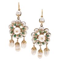 CULTURED PEARL AND EMERALD DROP EARRINGS