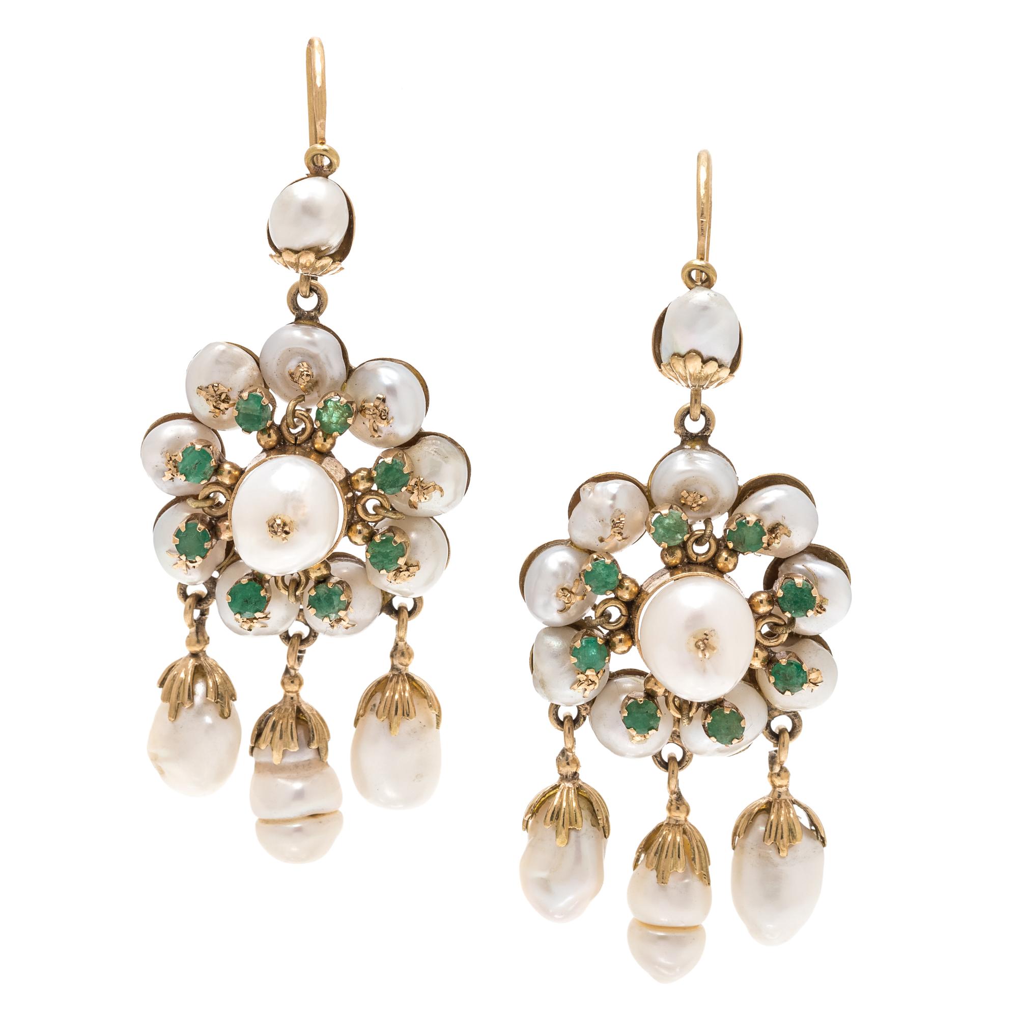 CULTURED PEARL AND EMERALD DROP EARRINGS