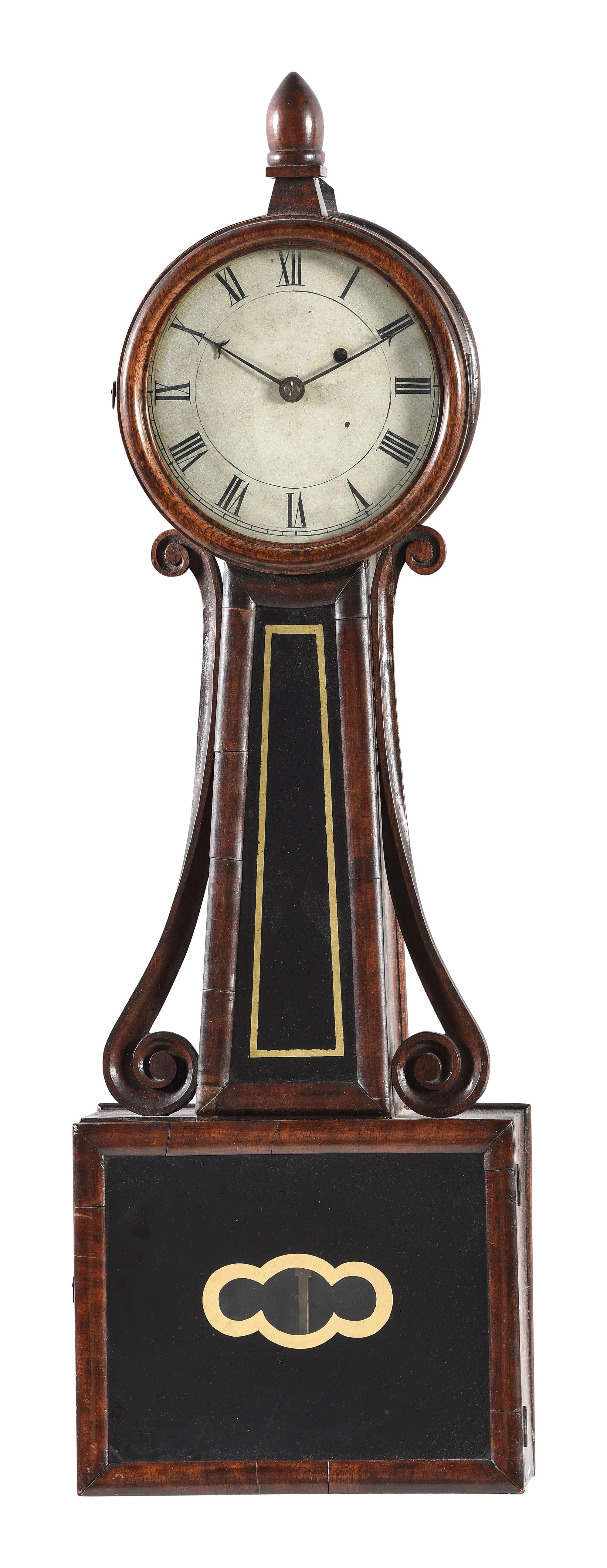 A Federal Eglomise Inset Mahogany Banjo Clock with Scroll Sides