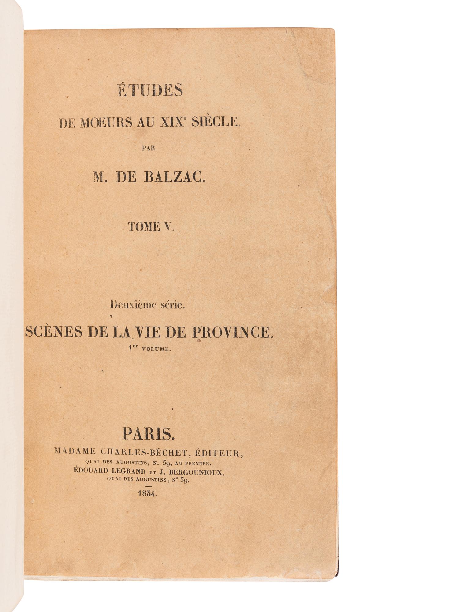 BALZAC, Honore de (1799-1850). Etudes de moeurs au XIXe siecle .... Paris: Madame Chales-Bechet, 1834.